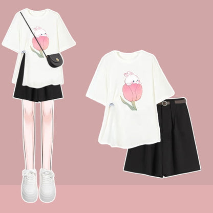 Cartoon Bunny Print T-Shirt Set - B / M