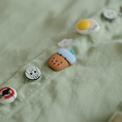 Cartoon Button Milk Tea Print Pocket Lapel Shirt