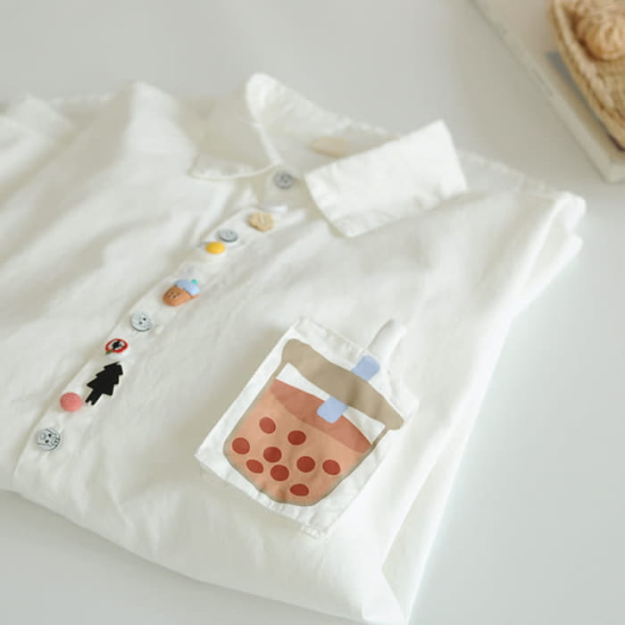 Cartoon Button Milk Tea Print Pocket Lapel Shirt