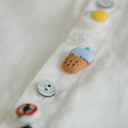 Cartoon Button Milk Tea Print Pocket Lapel Shirt