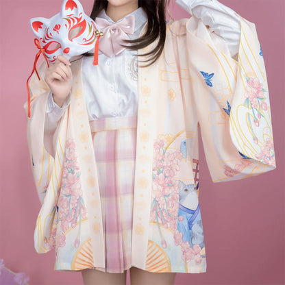 Cartoon Cat Print Loose Cardigan Kimono Outerwear