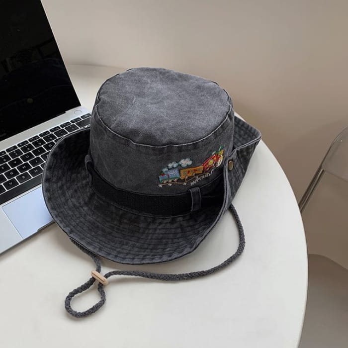 Cartoon Embroidered Boonie Hat - Washed Light Gray