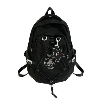 Cartoon Embroidered Multi-Pocket Backpack - Black / One Size