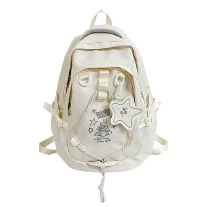 Cartoon Embroidered Multi-Pocket Backpack - Off-White