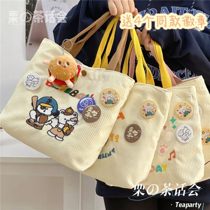 Cartoon Embroidered Tote Bag / Charm / Set - handbag