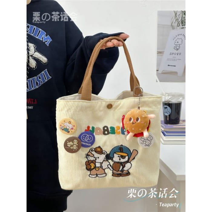 Cartoon Embroidered Tote Bag / Charm / Set - With Hamburger