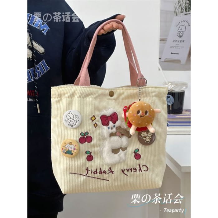 Cartoon Embroidered Tote Bag / Charm / Set - With Hamburger