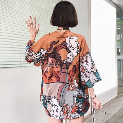 Cartoon Fire Print Casual Vintage Kimono Outerwear