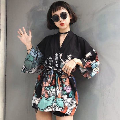 Cartoon Fire Print Casual Vintage Kimono Outerwear