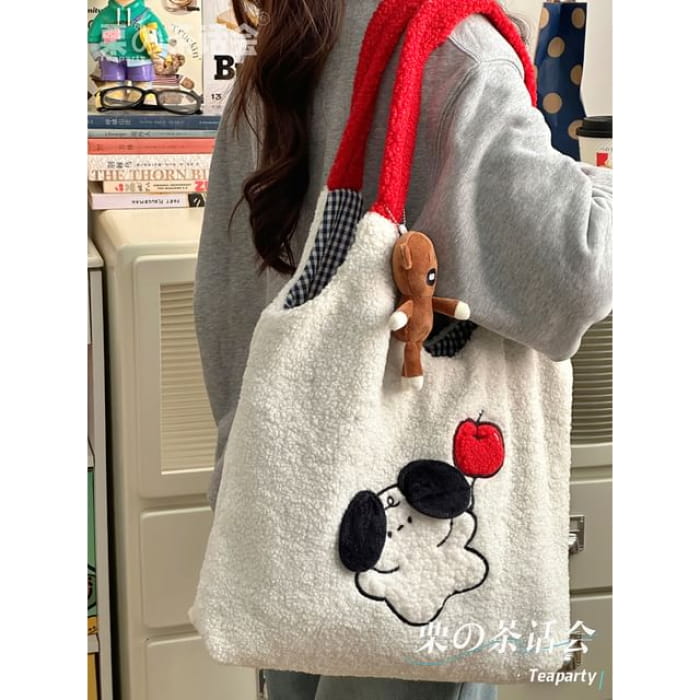 Cartoon Fleece Tote Bag - With Bear Charm - Shoulder Strap