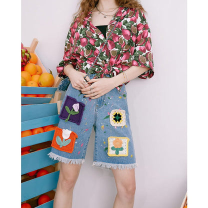 Cartoon Flower Denim Shorts