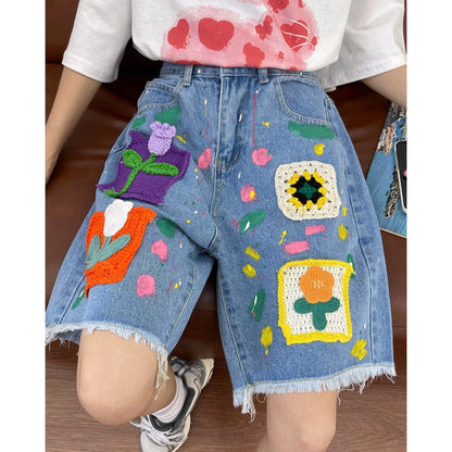 Cartoon Flower Denim Shorts