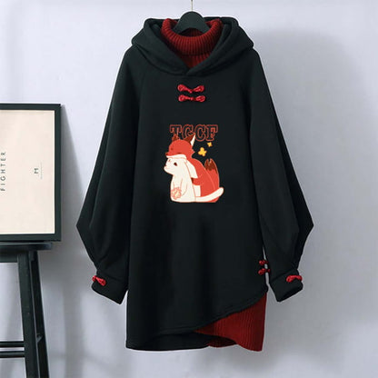 Cartoon Fox Buckle Black Hooded Sweatshirt Dress - M