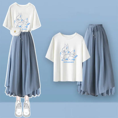 Cartoon Fox Letter Print T-Shirt Blue Pantskirt