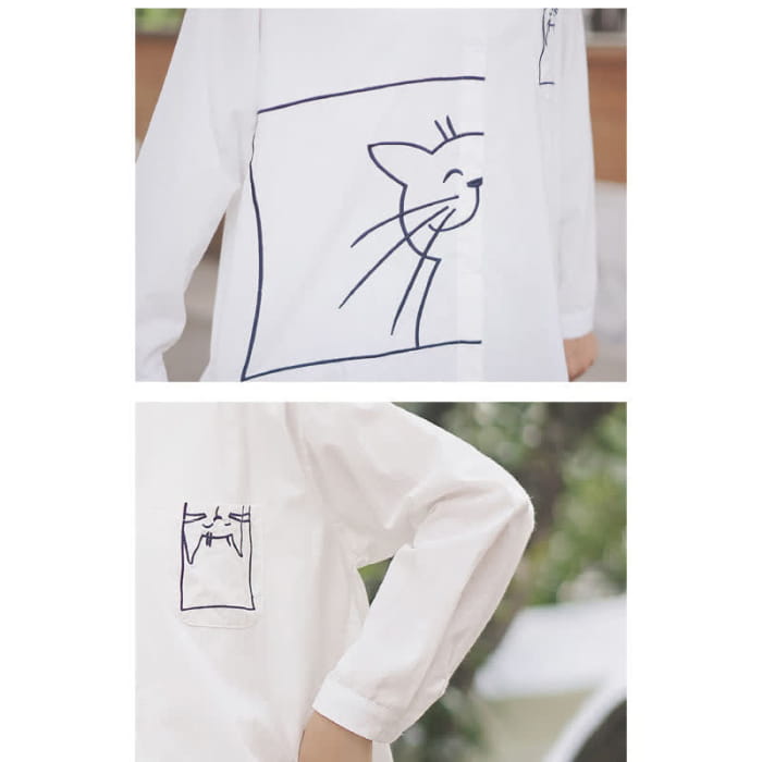 Cartoon Kitty Embroidery Pocket Loose Polo Shirt