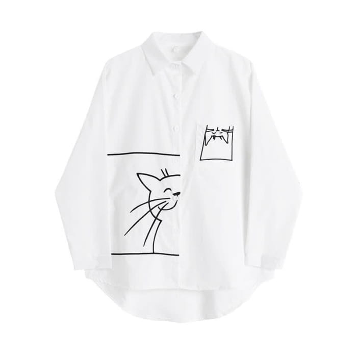 Cartoon Kitty Embroidery Pocket Loose Polo Shirt - White / S
