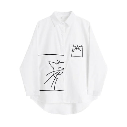 Cartoon Kitty Embroidery Pocket Loose Polo Shirt - White / S