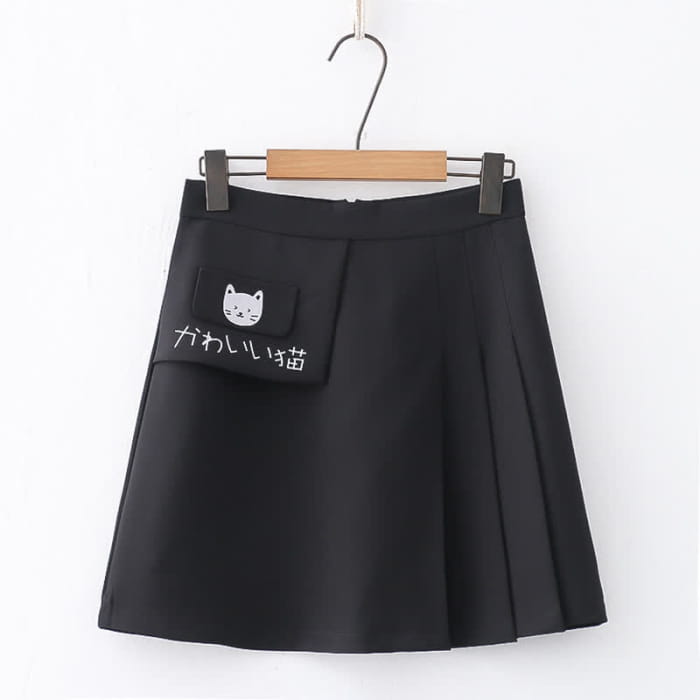 Cartoon Kitty Print Pure Color Pleated Skirt - Black / S