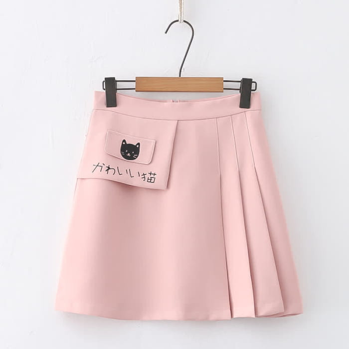 Cartoon Kitty Print Pure Color Pleated Skirt - Pink / S