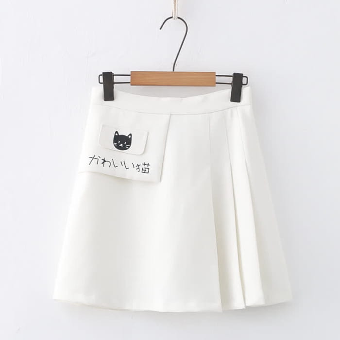 Cartoon Kitty Print Pure Color Pleated Skirt - White / S