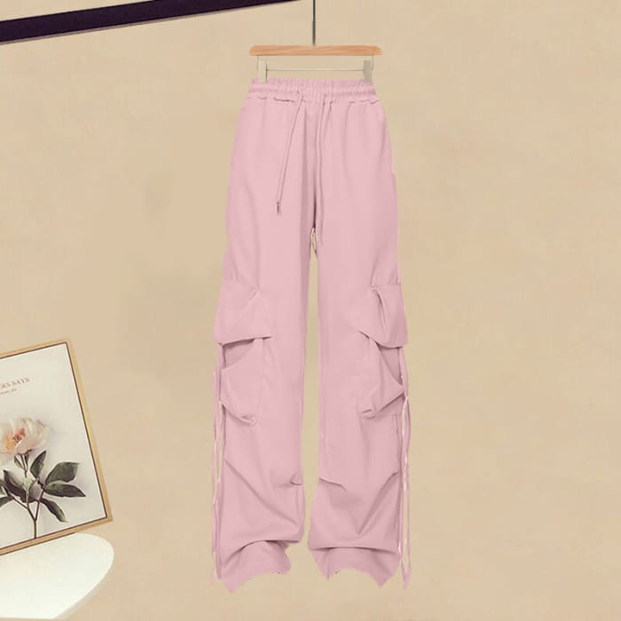 Cartoon Letter Pink Casual Shirt Cargo Pants - M