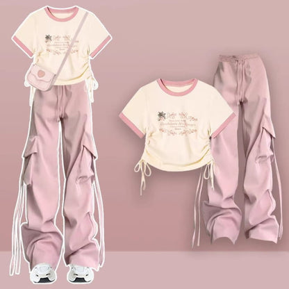 Cartoon Letter Pink Casual Shirt Cargo Pants - Set / M