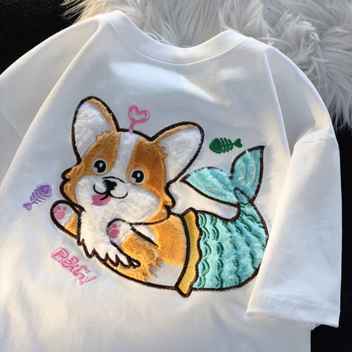 Cartoon Mermaid Puppy Plush Short Sleeve Casual T-shirt