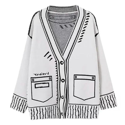 Cartoon Outline Knitted Cardigan - S / White