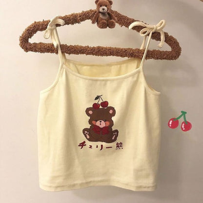 Cartoon Print Camisole Top - Bear - Almond / S