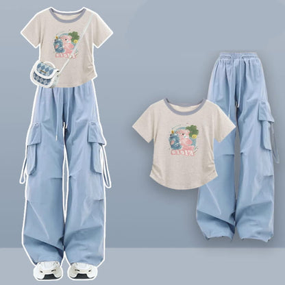 Cartoon Print Casual T-Shirt Blue Cargo Pants - Set / M