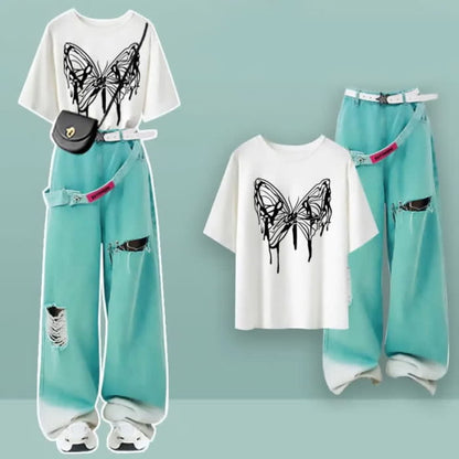 Cartoon Print Casual T-shirt Green Ripped Pants