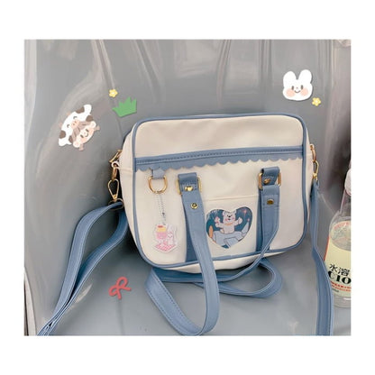 Cartoon Print Faux Leather Tote Bag / Charm / Set - handbag