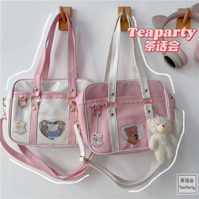 Cartoon Print Faux Leather Tote Bag / Charm / Set - handbag