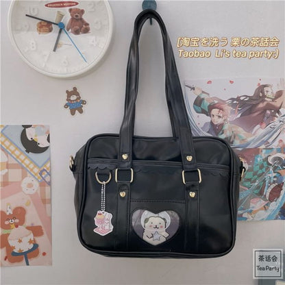 Cartoon Print Faux Leather Tote Bag / Charm / Set - Without