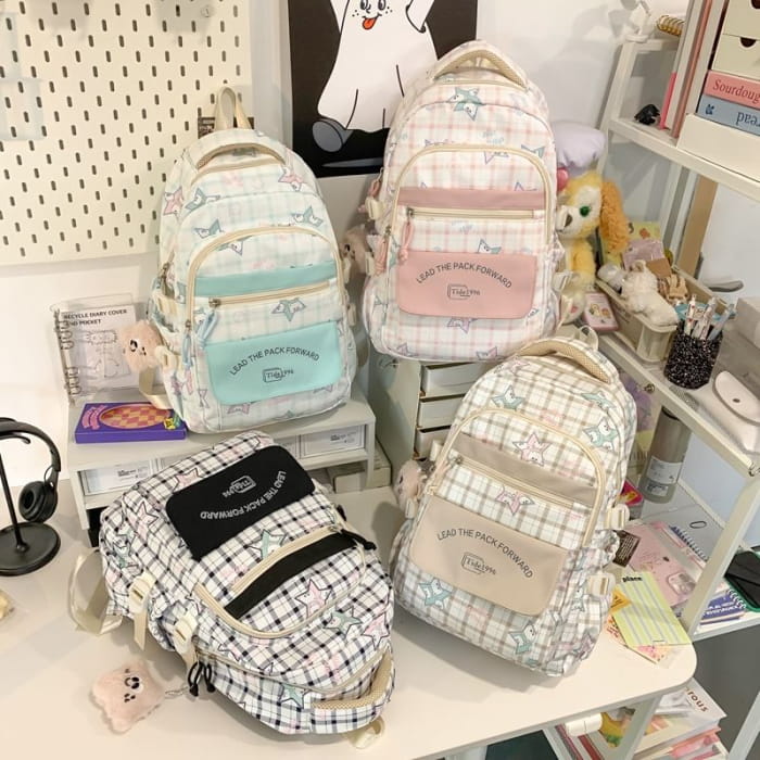 Cartoon Print Multi-Pocket Backpack / Bag Charm / Set