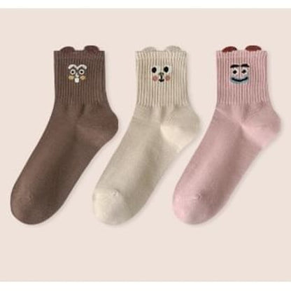 Cartoon Print Socks Set - of 3 Pairs - Khaki & Coffee Pink