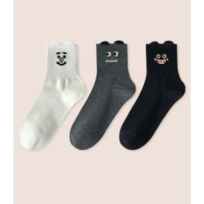 Cartoon Print Socks Set - of 3 Pairs - Milky White & Dark