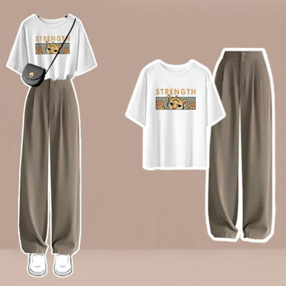 Cartoon Print T-Shirt High Waist Wide Leg Pants - Set A / M