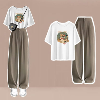 Cartoon Print T-Shirt High Waist Wide Leg Pants - Set B / M