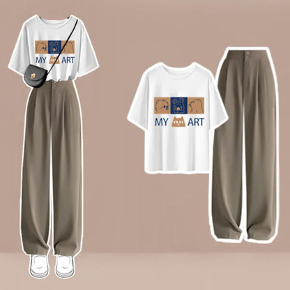 Cartoon Print T-Shirt High Waist Wide Leg Pants - Set C / M