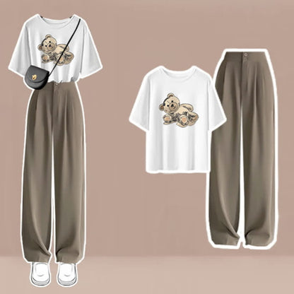 Cartoon Print T-Shirt High Waist Wide Leg Pants - Set D / M