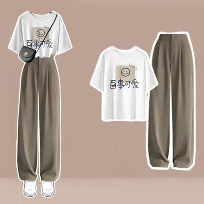 Cartoon Print T-Shirt High Waist Wide Leg Pants - Set E / M