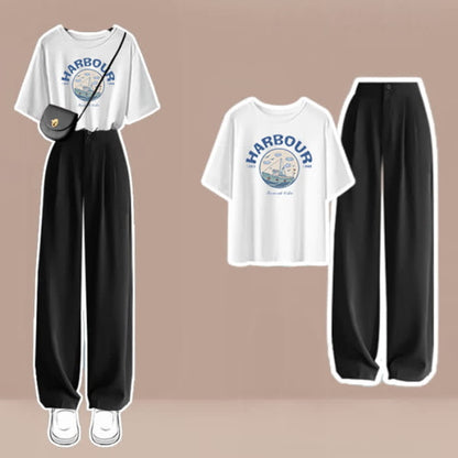 Cartoon Print T-Shirt High Waist Wide Leg Pants - Set F / M