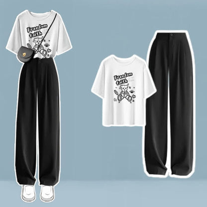 Cartoon Print T-Shirt High Waist Wide Leg Pants - Set G / M