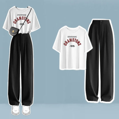 Cartoon Print T-Shirt High Waist Wide Leg Pants - Set H / M