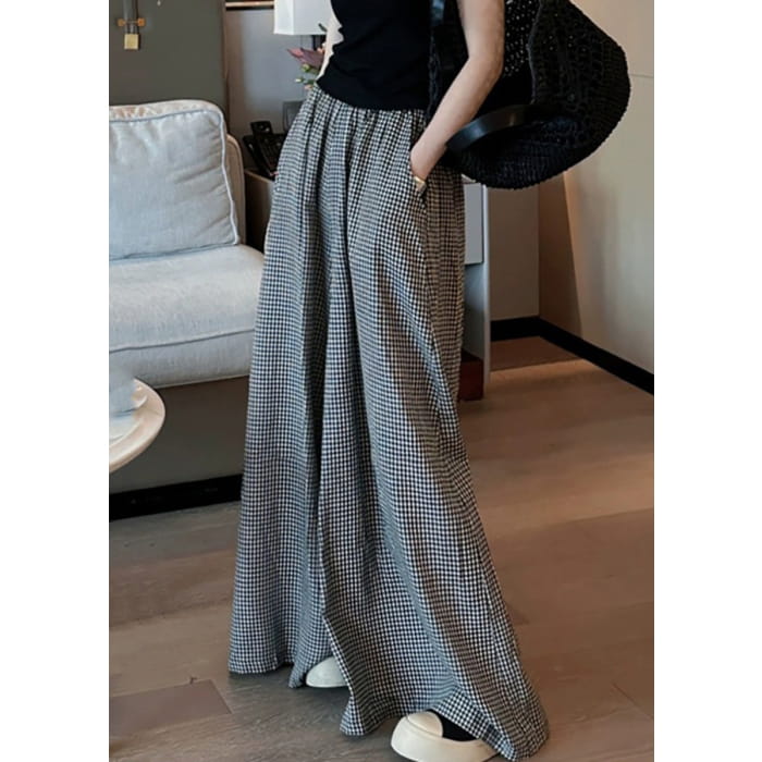 Casual Black Plaid Pockets Elastic Waist Wide Leg Pants