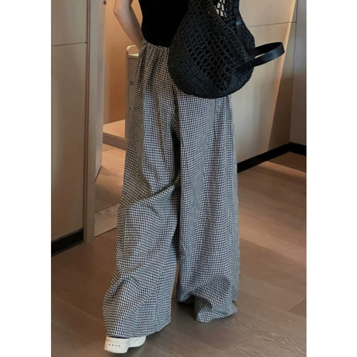 Casual Black Plaid Pockets Elastic Waist Wide Leg Pants