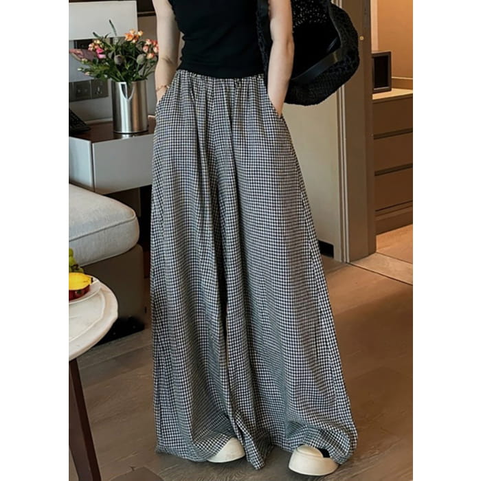 Casual Black Plaid Pockets Elastic Waist Wide Leg Pants