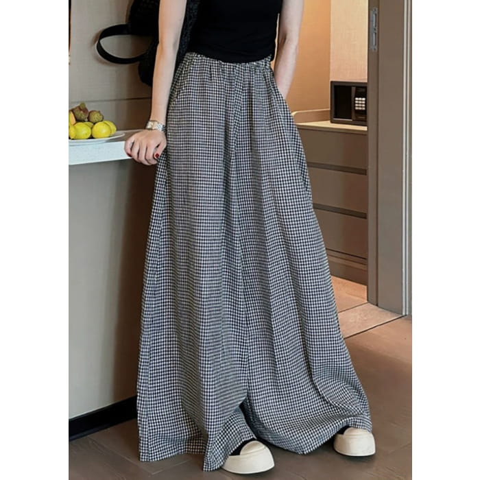 Casual Black Plaid Pockets Elastic Waist Wide Leg Pants