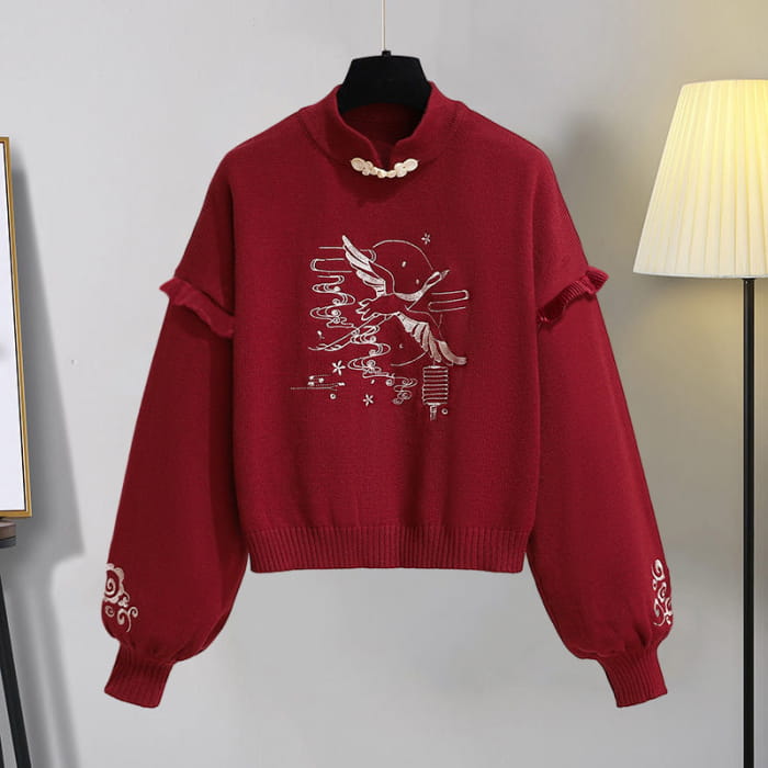 Casual Crane Embroideriy Sweater Hoodie Dragon Pattern